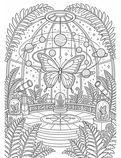 Butterfly Planetarium In A Fern Dome printable coloring page from the butterfly coloring pages collection