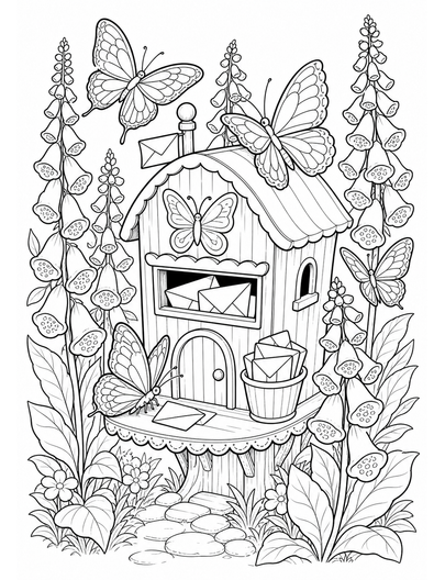 Butterfly Post Office Among Foxgloves printable coloring page from the butterfly coloring pages collection