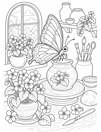Butterfly Pottery Studio With Violets printable coloring page from the butterfly coloring pages collection