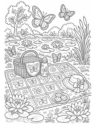 Butterfly Quilt Picnic By A Lily Pond printable coloring page from the butterfly coloring pages collection