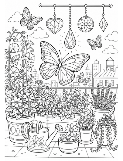 Butterfly Rooftop Garden With Sun Catchers printable coloring page from the butterfly coloring pages collection