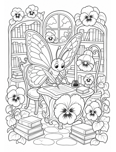 Butterfly Scribe In A Pansy Library printable coloring page from the butterfly coloring pages collection