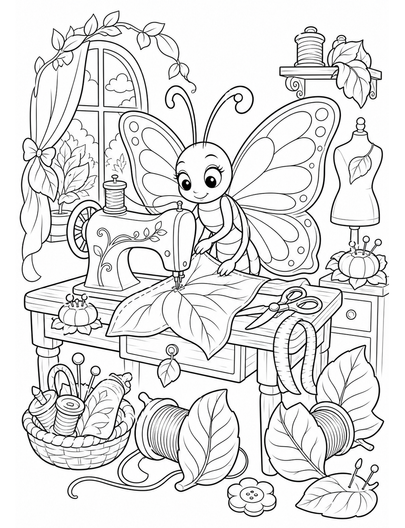 Butterfly Sewing Studio With Leaf Spools printable coloring page from the butterfly coloring pages collection