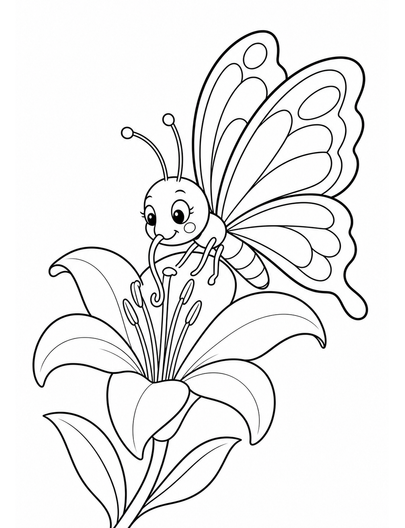 Butterfly Sipping Nectar From A Lily printable coloring page from the butterfly coloring pages collection