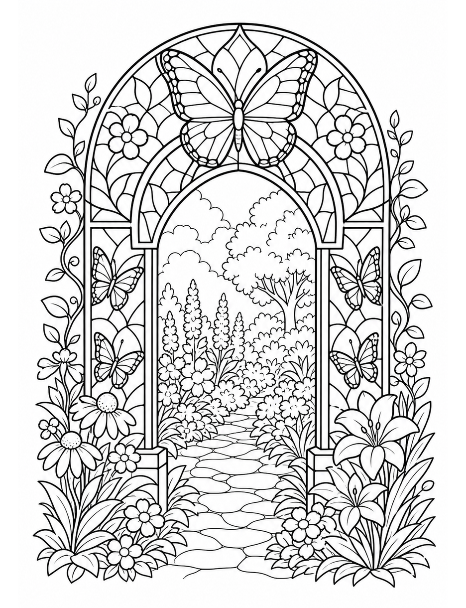 Butterfly Stained Glass Garden Arch printable coloring page from the butterfly coloring pages collection