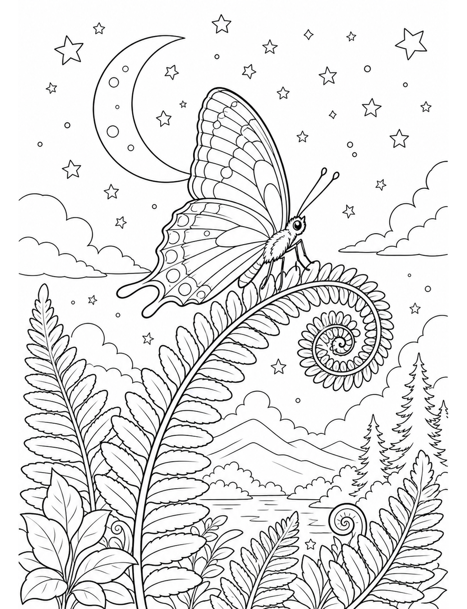 Butterfly Stargazer On A Crescent Fern printable coloring page from the butterfly coloring pages collection
