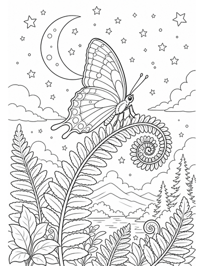 Butterfly Stargazer On A Crescent Fern printable coloring page from the butterfly coloring pages collection
