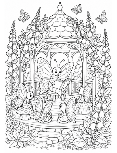 Butterfly Storytime In A Foxglove Gazebo printable coloring page from the butterfly coloring pages collection