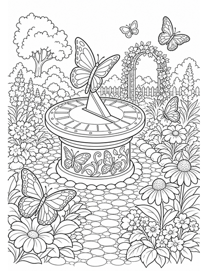 Butterfly Sundial Garden With Pebble Paths printable coloring page from the butterfly coloring pages collection