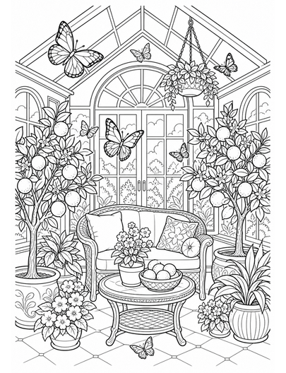 Butterfly Sunroom With Citrus Trees printable coloring page from the butterfly coloring pages collection