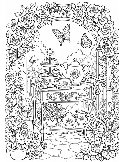Butterfly Tea Cart In Rose Arbor printable coloring page from the butterfly coloring pages collection