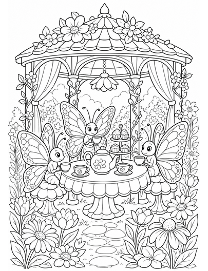 Butterfly Tea Party In A Flower Gazebo printable coloring page from the butterfly coloring pages collection