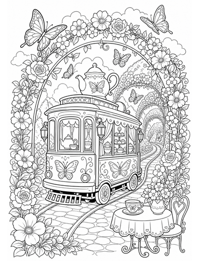Butterfly Tea Tram Through Blooming Arches printable coloring page from the butterfly coloring pages collection