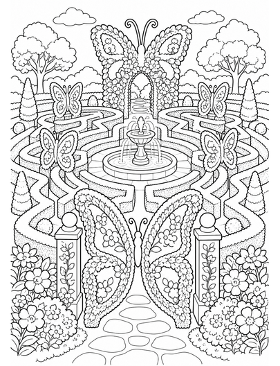 Butterfly Topiary Maze With Fountain Court printable coloring page from the butterfly coloring pages collection