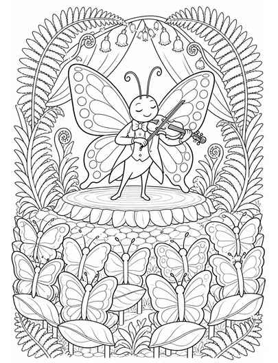 Butterfly Violin Recital In Fern Theater printable coloring page from the butterfly coloring pages collection