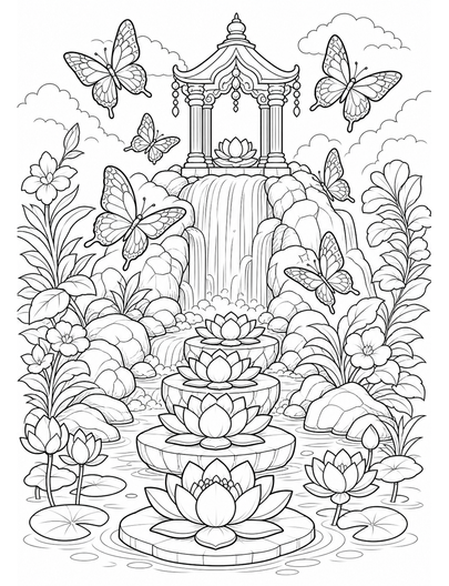 Butterfly Waterfall Shrine With Lotus Steps printable coloring page from the butterfly coloring pages collection