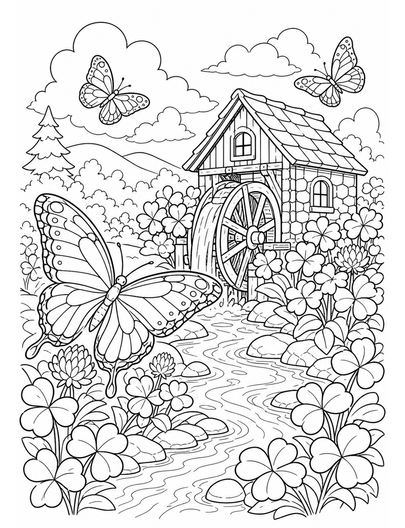 Butterfly Watermill By A Clover Stream printable coloring page from the butterfly coloring pages collection