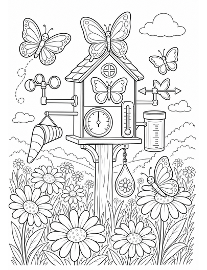 Butterfly Weather Station In Daisy Meadow printable coloring page from the butterfly coloring pages collection