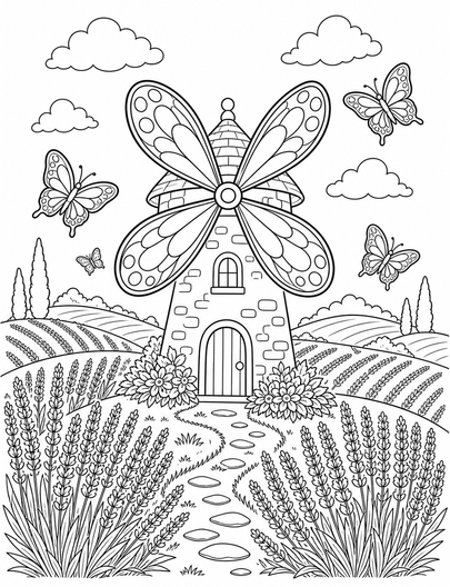 Butterfly Windmill In Lavender Hills printable coloring page from the butterfly coloring pages collection