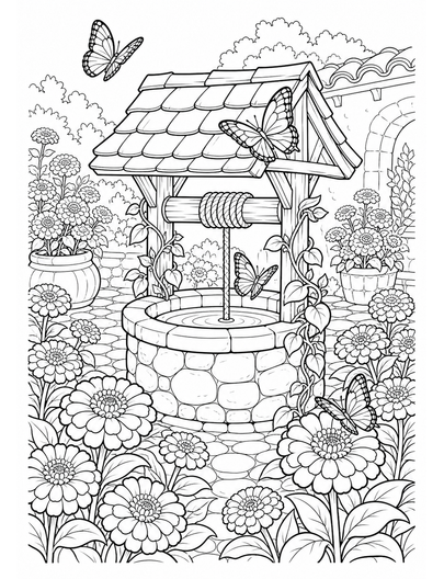 Butterfly Wishing Well In A Zinnia Courtyard printable coloring page from the butterfly coloring pages collection