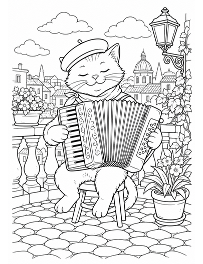 Cat Accordion Player On A Cobblestone Balcony printable coloring page from the cat coloring pages collection