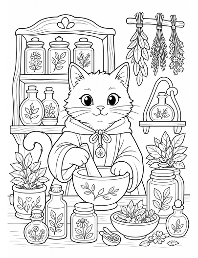 Cat Apothecary With Herb Jars And Mortar printable coloring page from the cat coloring pages collection