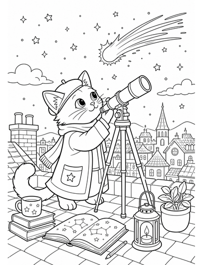 Cat Astronomer On Rooftop With Comet printable coloring page from the cat coloring pages collection