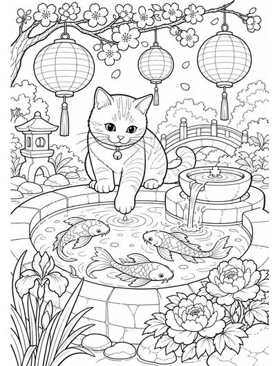 Cat At A Fountain With Koi And Lanterns printable coloring page from the cat coloring pages collection
