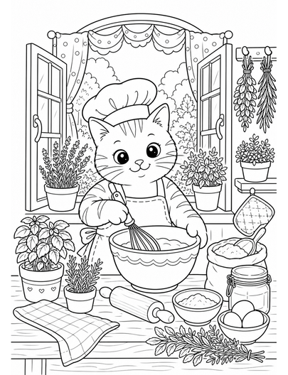 Cat Baker In A Window Herb Kitchen printable coloring page from the cat coloring pages collection