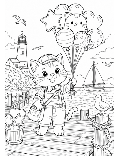Cat Balloon Seller At A Seaside Pier printable coloring page from the cat coloring pages collection