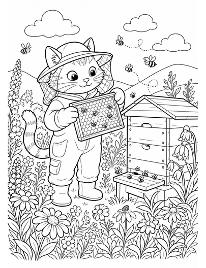 Cat Beekeeper By A Wildflower Hive printable coloring page from the cat coloring pages collection