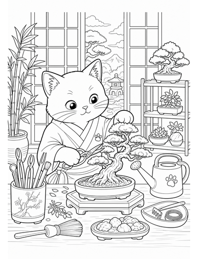 Cat Bonsai Artist By A Shoji Window printable coloring page from the cat coloring pages collection