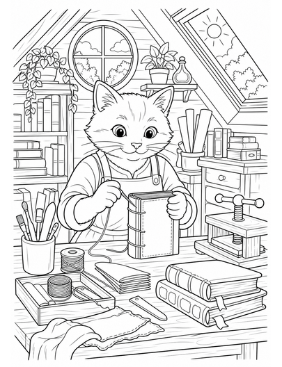 Cat Bookbinder In A Sunlit Attic Studio printable coloring page from the cat coloring pages collection