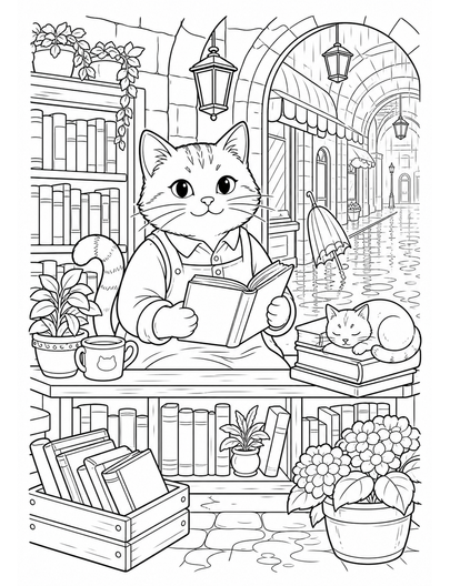 Cat Bookseller In A Rainy Arcade printable coloring page from the cat coloring pages collection