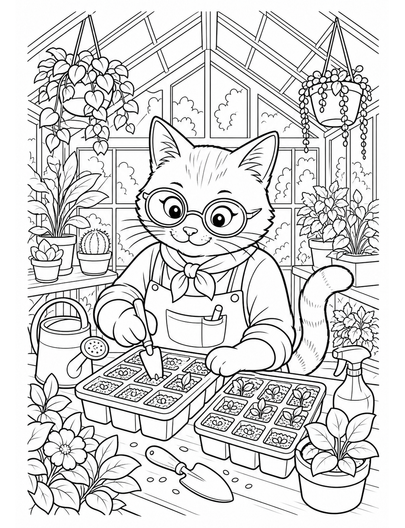 Cat Botanist In Glasshouse With Seed Trays printable coloring page from the cat coloring pages collection