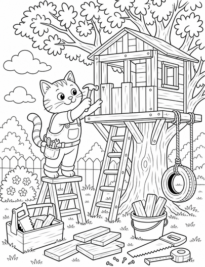 Cat Building A Backyard Treehouse printable coloring page from the cat coloring pages collection