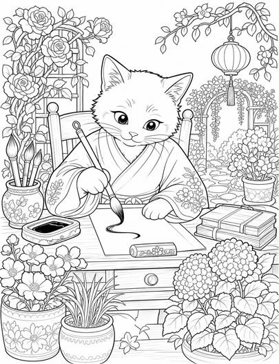 Cat Calligrapher At A Garden Desk printable coloring page from the cat coloring pages collection