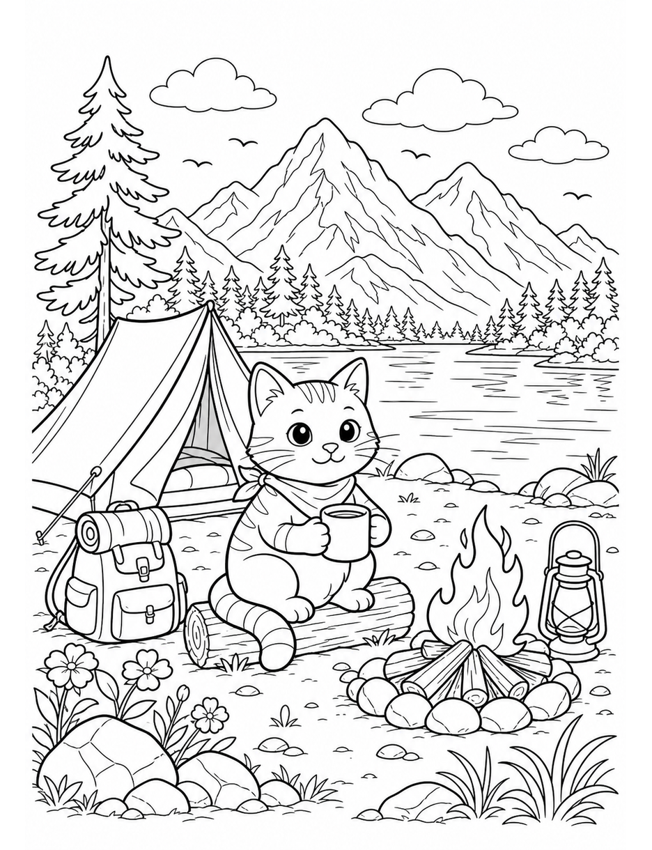 Cat Camping Beside A Mountain Lake printable coloring page from the cat coloring pages collection
