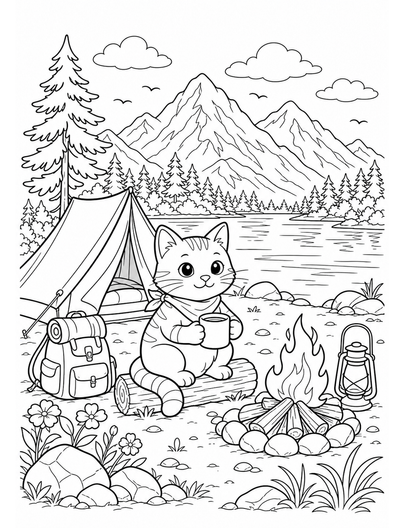 Cat Camping Beside A Mountain Lake printable coloring page from the cat coloring pages collection
