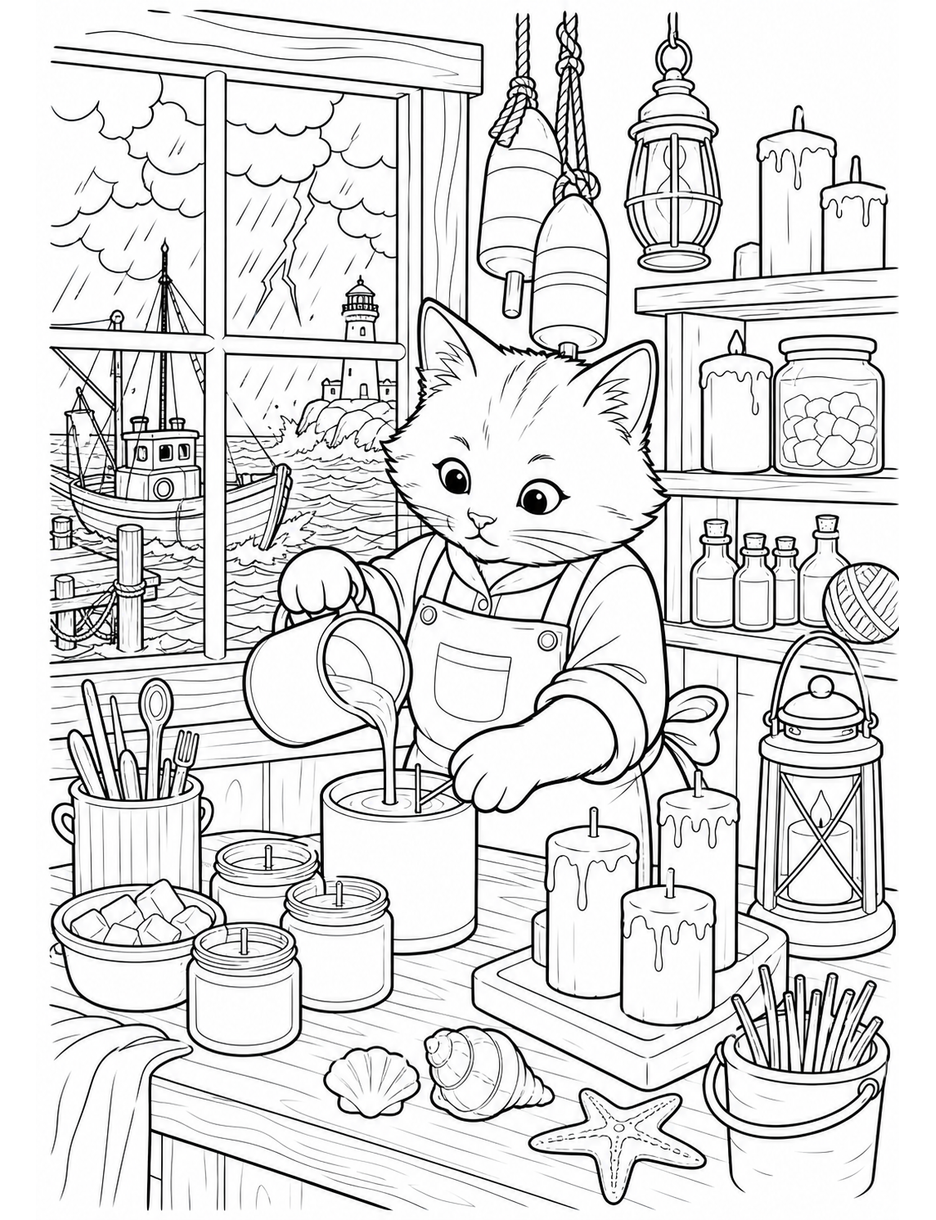Cat Candlemaker In A Stormy Harbor Shop printable coloring page from the cat coloring pages collection