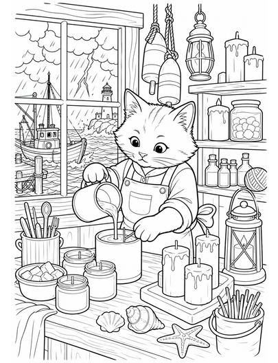 Cat Candlemaker In A Stormy Harbor Shop printable coloring page from the cat coloring pages collection