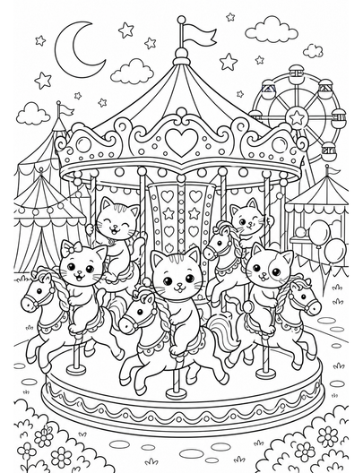 Cat Carousel At A Moonlit Carnival printable coloring page from the cat coloring pages collection