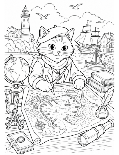 Cat Cartographer With Harbor Map printable coloring page from the cat coloring pages collection