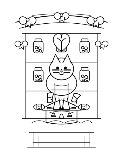 Cat Chocolatier In A Ribboned Candy Shop printable coloring page from the cat coloring pages collection
