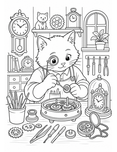 Cat Clockmaker In A Workshop printable coloring page from the cat coloring pages collection