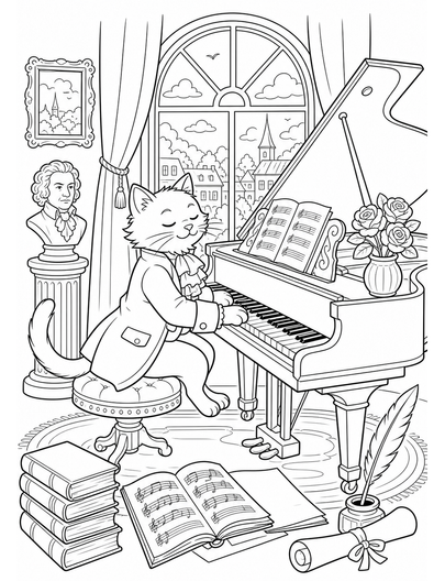 Cat Composer At A Grand Piano Window printable coloring page from the cat coloring pages collection