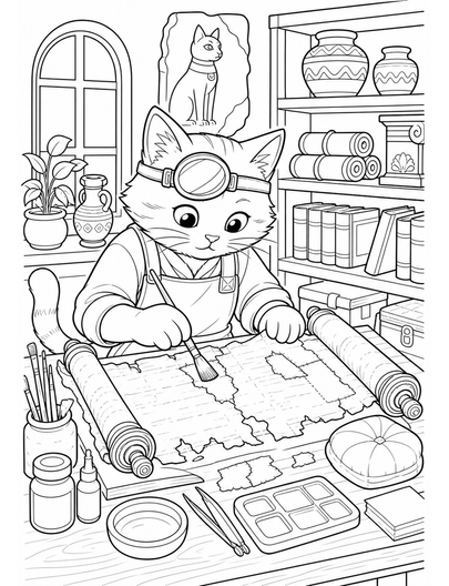 Cat Conservator Restoring An Ancient Scroll printable coloring page from the cat coloring pages collection