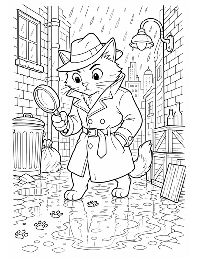 Cat Detective In A Rainy Alley printable coloring page from the cat coloring pages collection