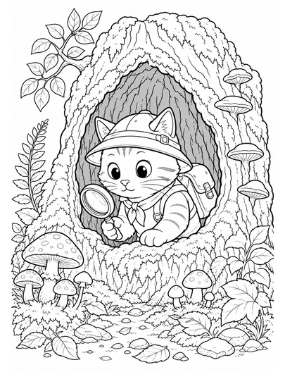 Cat Explorer In A Mossy Tree Hollow printable coloring page from the cat coloring pages collection