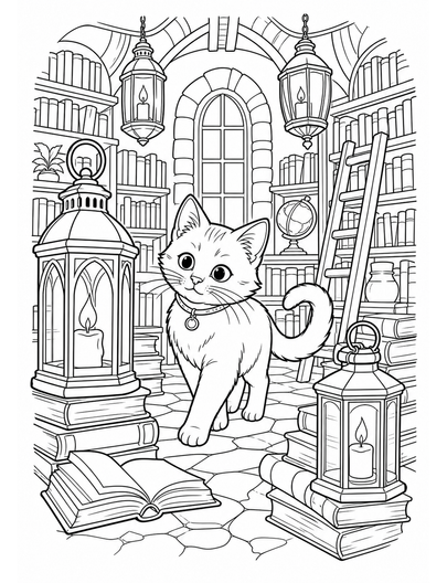 Cat Exploring A Lantern-Lit Library printable coloring page from the cat coloring pages collection